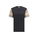 Front view of Burberry Check Archive Sleeve T-shirt with iconic Archivio Check pattern on sleeves, showcasing ribbed collar and chic design.