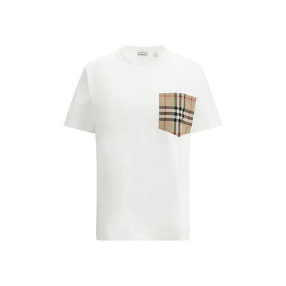 Burberry White Cotton T-Shirt with Archive Check pocket, ribbed crew neck, oversize fit, made from 100% cotton.