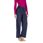 Woman wearing Street One Blue Viscose Pant, elegant cigarette trousers with mid-rise waist and belt loops, enhancing silhouette.