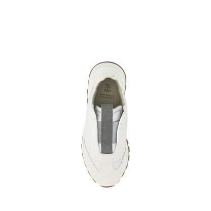 Top view of Brunello Cucinelli White Rubber Low Top Sneakers with slip-on style, suede details, and iconic shiny jewel embellishment.