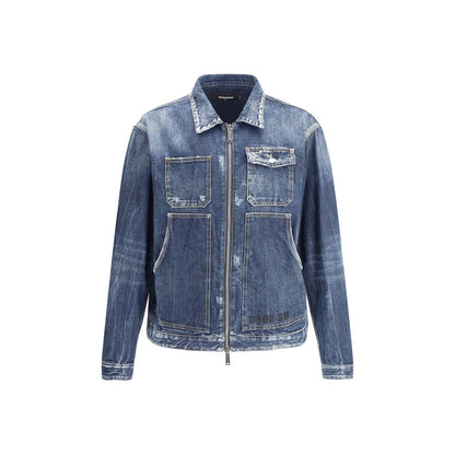 Dsquared² Blue Cotton Denim Jacket with vintage effect and patch pockets, front zipper, classic collar, 100% cotton composition.