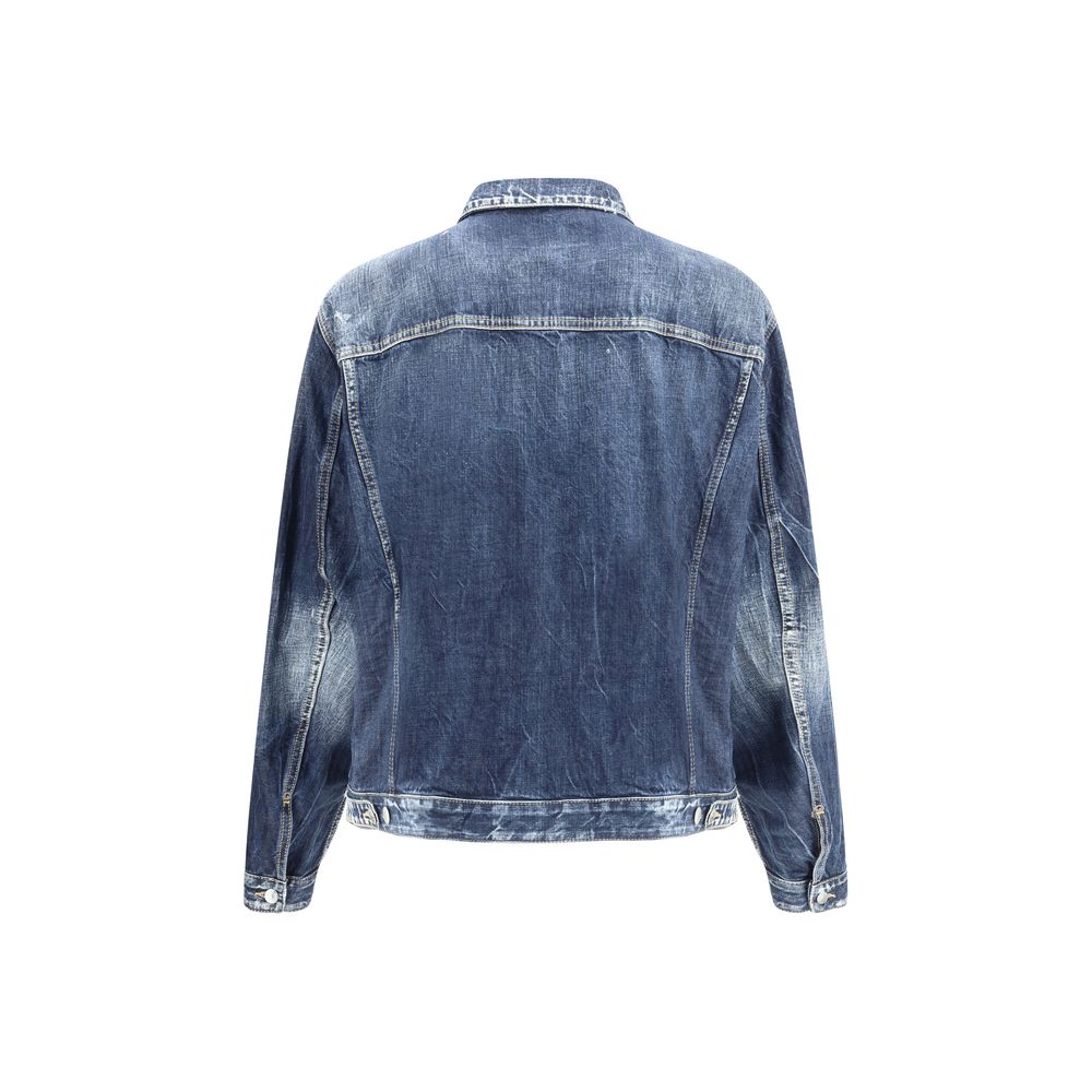 Back view of Dsquared² Blue Cotton Denim Jacket showcasing worn vintage effect with classic collar and patch pockets.