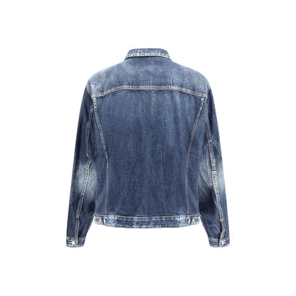 Back view of Dsquared² Blue Cotton Denim Jacket showcasing worn vintage effect with classic collar and patch pockets.