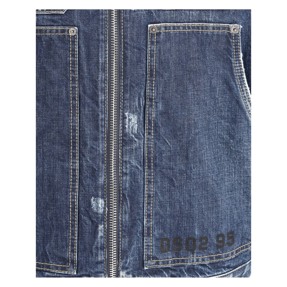 Dsquared² Blue Cotton Denim Jacket with vintage worn effect, front zipper, and patch pockets, featuring brand monogram for SS25 season.