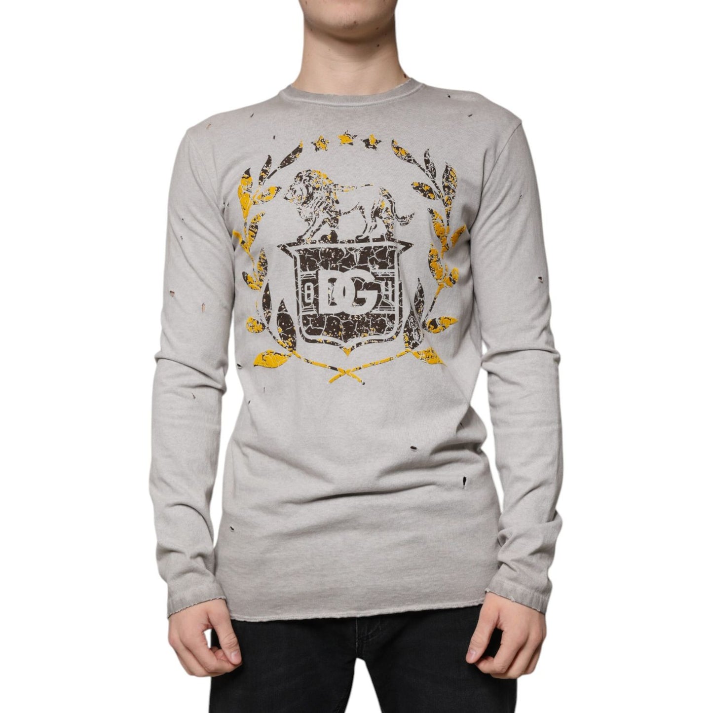 Dolce & Gabbana Gray Printed Cotton Crewneck Pullover Sweater