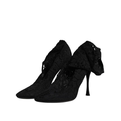 Dolce & Gabbana Black Lace Stretch Heels Mid Calf Boots Shoes
