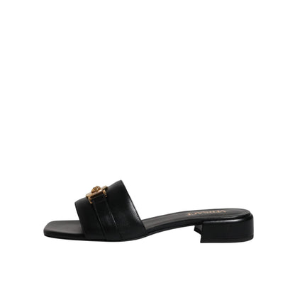 Versace Black Leather Logo Plaque Slip On Slides Flats Shoes