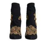 Dolce & Gabbana Black Gold Embroidery Slip On Boots Shoes LA12146-37.5