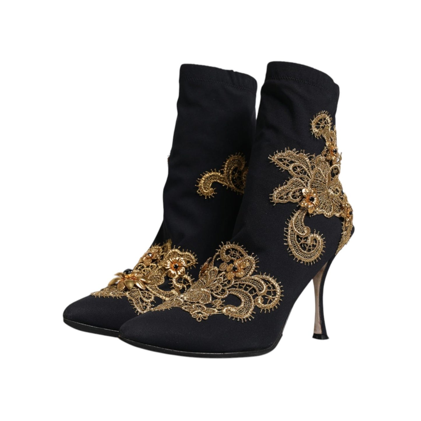 Dolce & Gabbana Black Gold Embroidery Slip On Boots Shoes LA12146-37.5