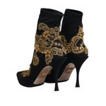 Dolce & Gabbana Black Gold Embroidery Slip On Boots Shoes LA12146-37.5