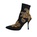 Dolce & Gabbana Black Gold Embroidery Slip On Boots Shoes LA12146-37.5