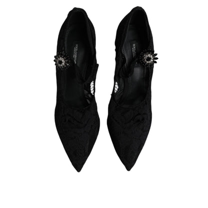 Dolce & Gabbana Black Lace Crystals Mary Jane Pumps Shoes