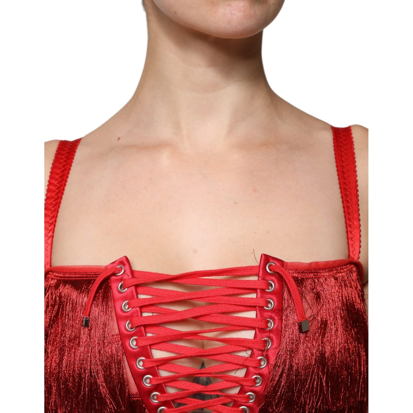 Dolce & Gabbana Red Lace Tassel Sleeveless Sheath Mini Dress DR281321-40