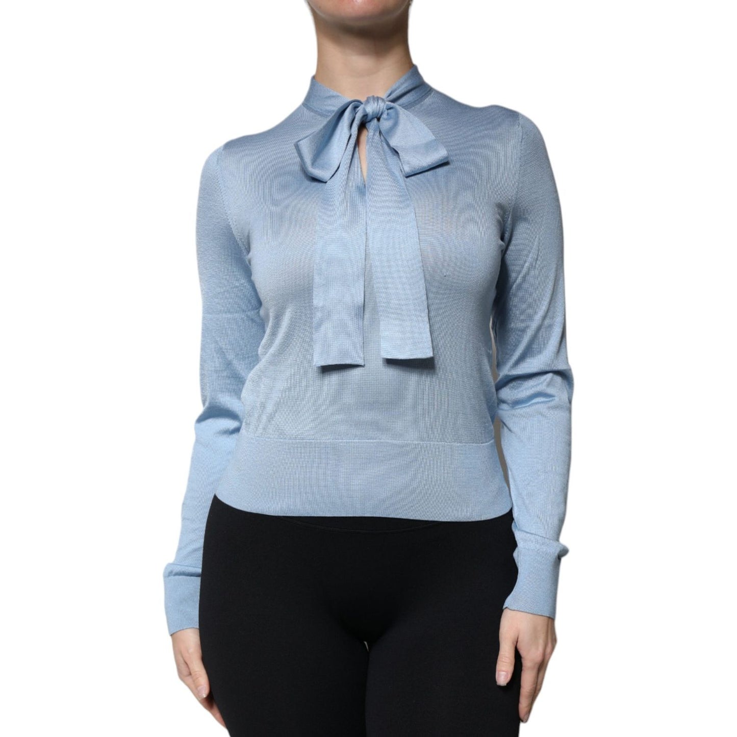 Dolce & Gabbana Blue Silk Knit Pullover Ascot Collar Top TSH86821-40
