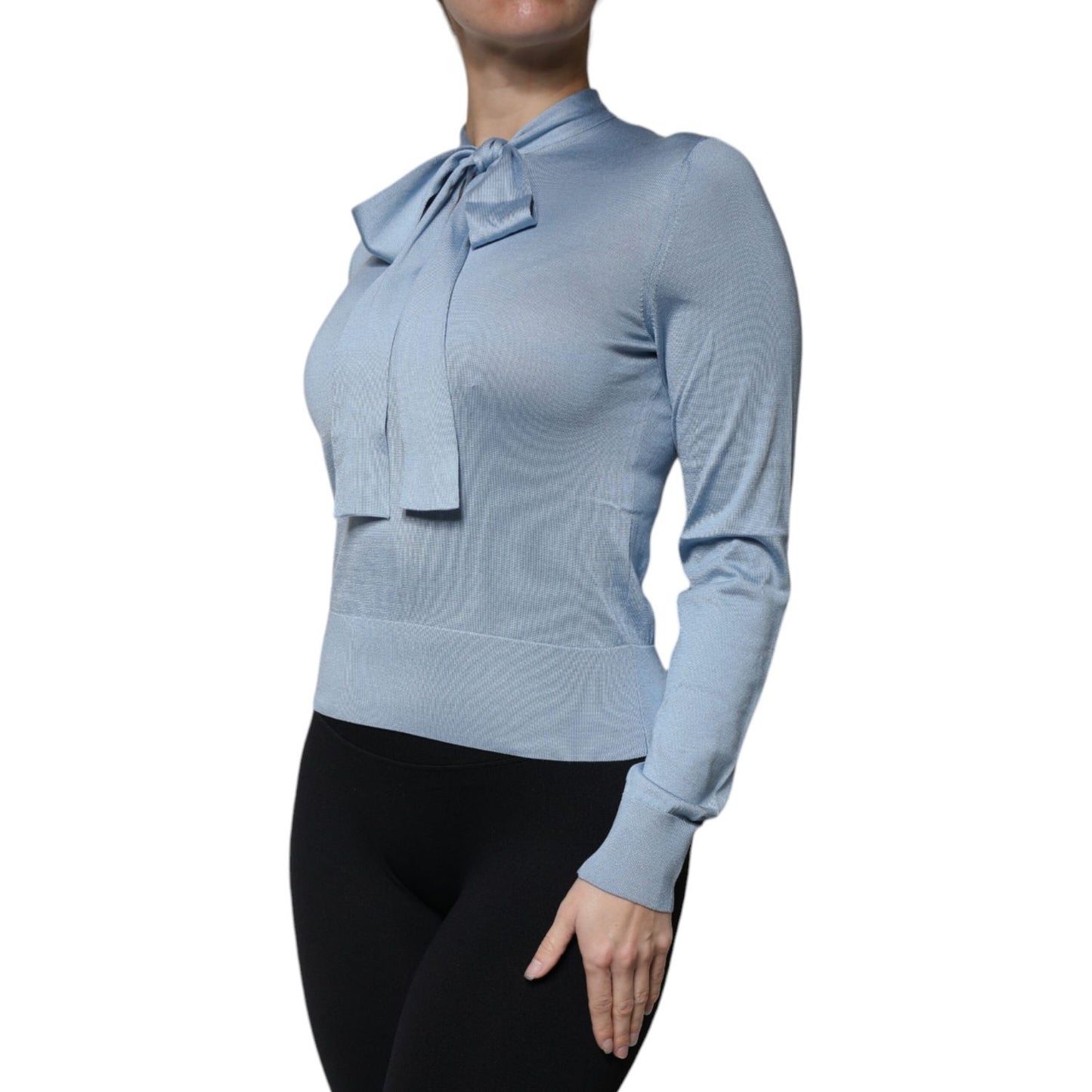 Dolce & Gabbana Blue Silk Knit Pullover Ascot Collar Top TSH86821-40