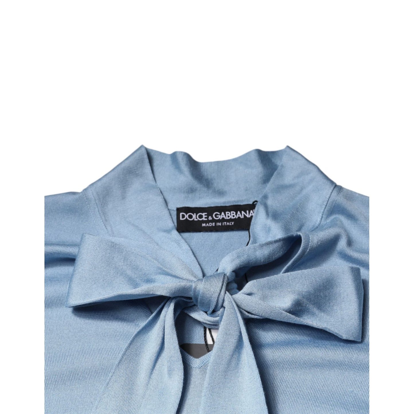 Dolce & Gabbana Blue Silk Knit Pullover Ascot Collar Top TSH86821-40