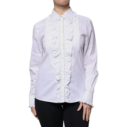 Dolce & Gabbana White Cotton Long Sleeves Ruffle Collar Top