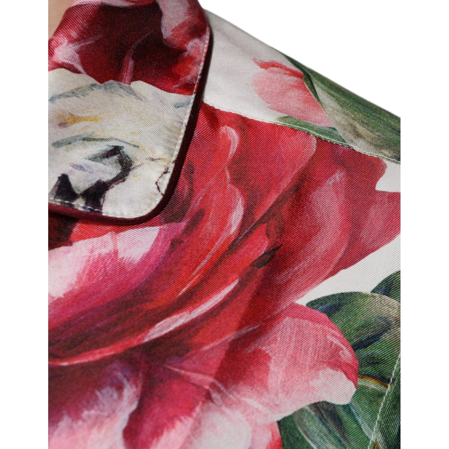 Dolce & Gabbana White Peony Silk Long Sleeves Collared Blouse Top