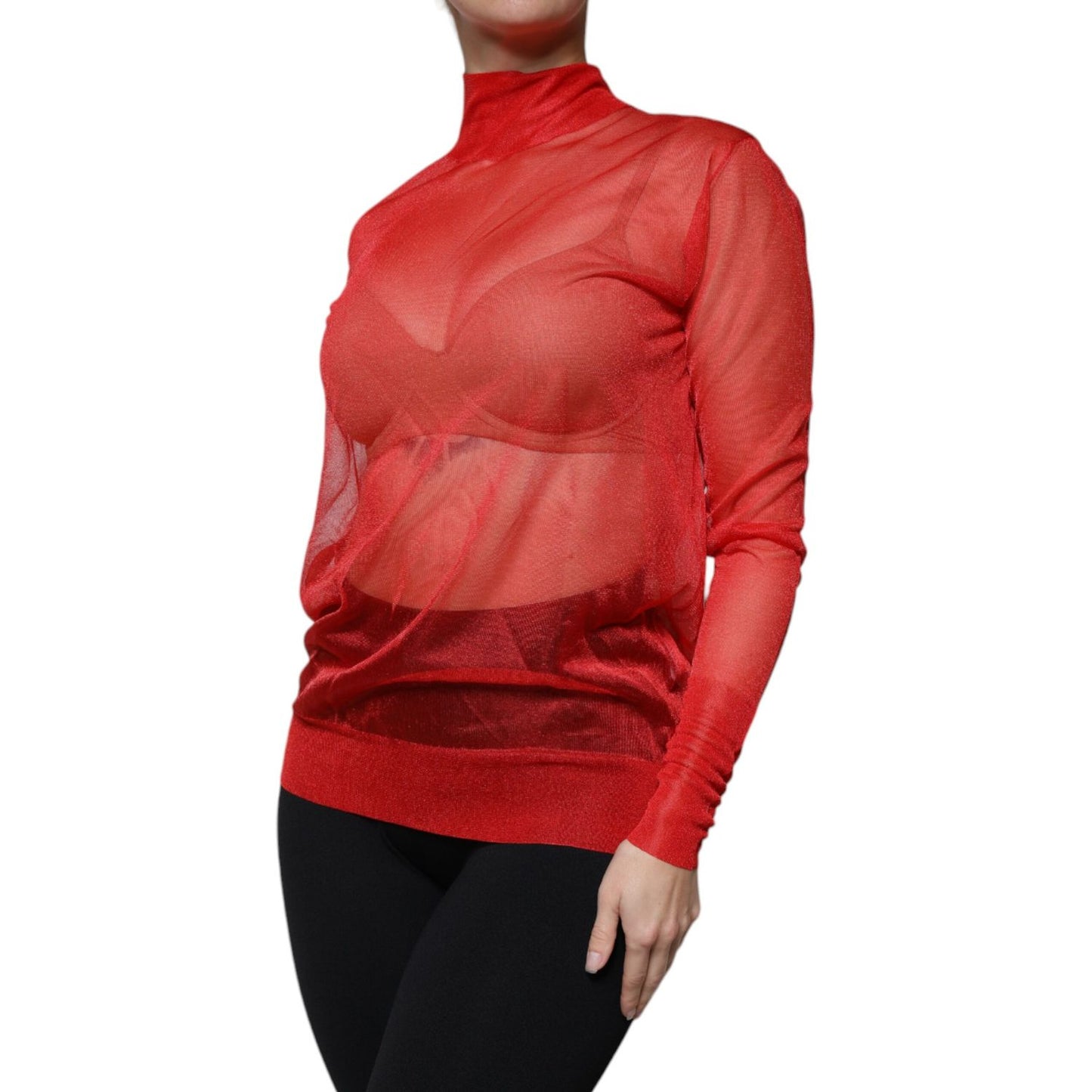 Dolce & Gabbana Red Mesh Turtleneck Long Sleeve Blouse Top TSH86828-40