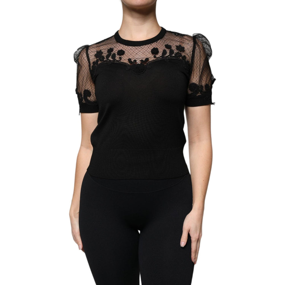 Dolce & Gabbana Black Floral Lace Short Sleeves Blouse Top TSH86836-38