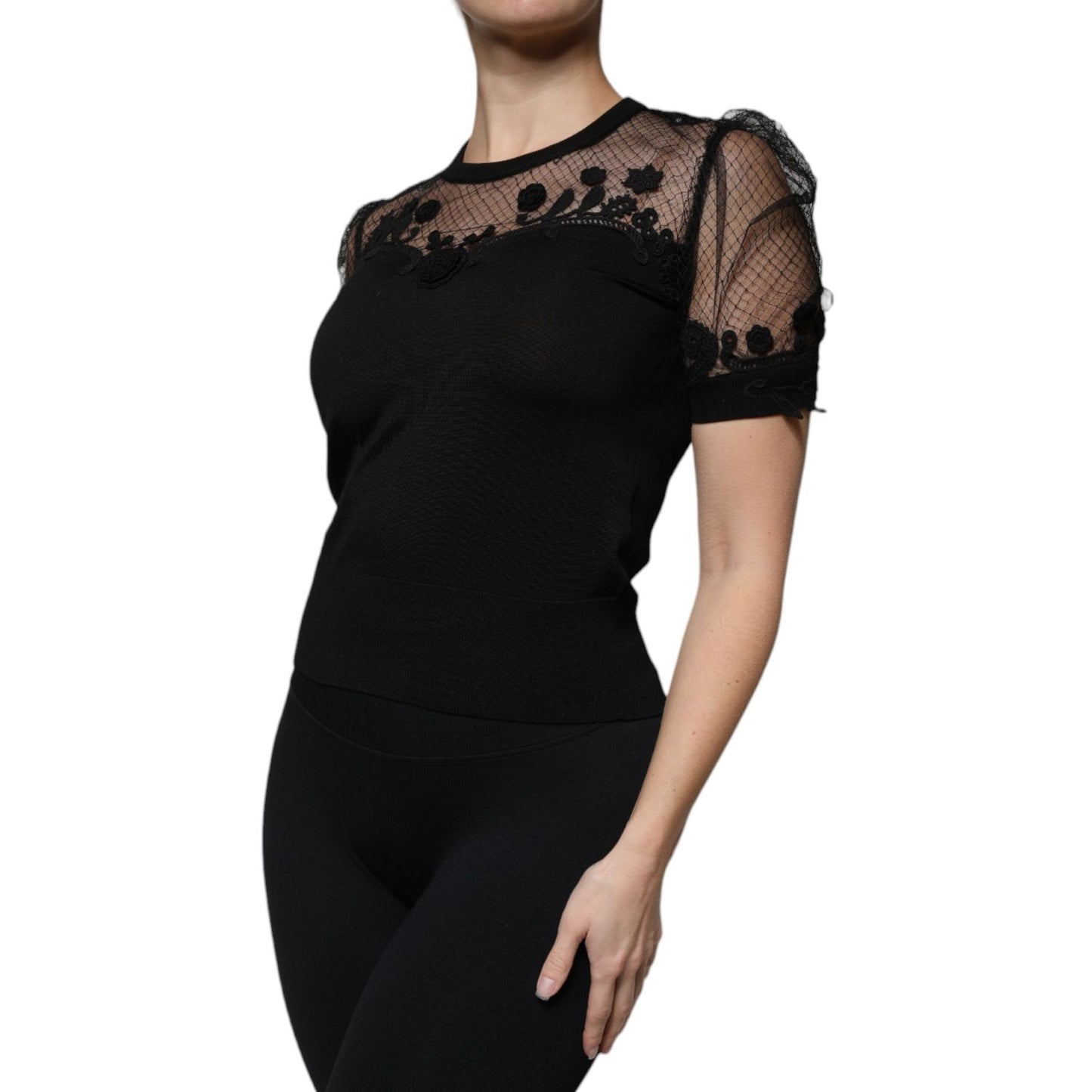 Dolce & Gabbana Black Floral Lace Short Sleeves Blouse Top TSH86836-38