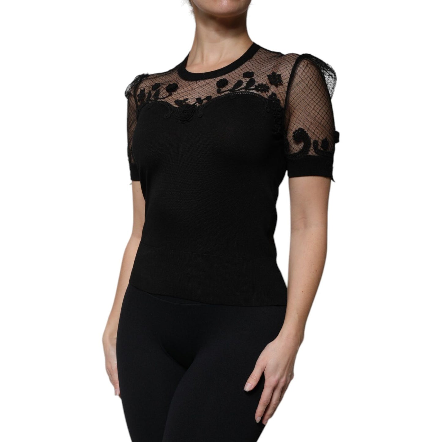 Dolce & Gabbana Black Floral Lace Short Sleeves Blouse Top TSH87028-40