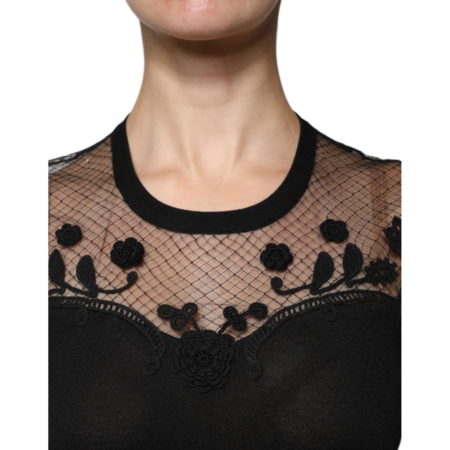 Dolce & Gabbana Black Floral Lace Short Sleeves Blouse Top TSH87028-40