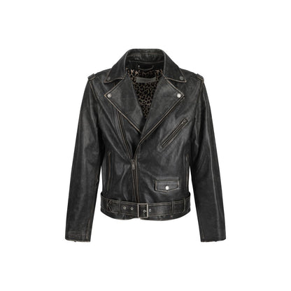 Golden Goose Brown Calf Leather Bos Taurus Biker Jacket with vintage effect and zipper details.