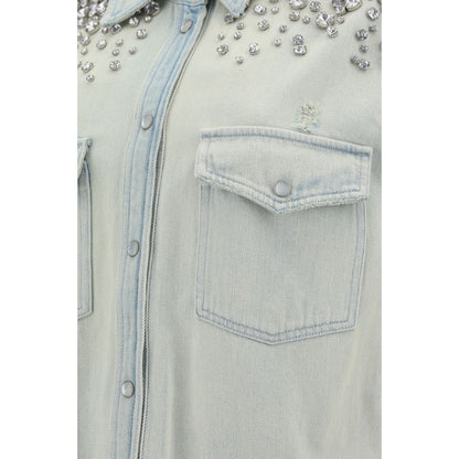 Close-up of Golden Goose Blue Denim Shirt featuring beaded appliqués, front patch pockets, and pearl snap closure. AW25 collection.