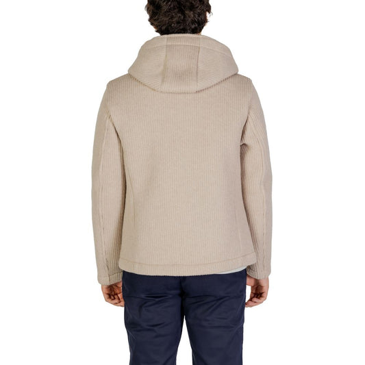 Hydra Clothing Beige Polyester Jackets & Coat, fall/winter men's wear, 75% polyester, 25% wool, back view with hood and long sleeves.