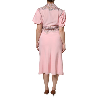 Ermanno Scervino Pink Floral Lace Short Sleeves V-neck Midi Dress
