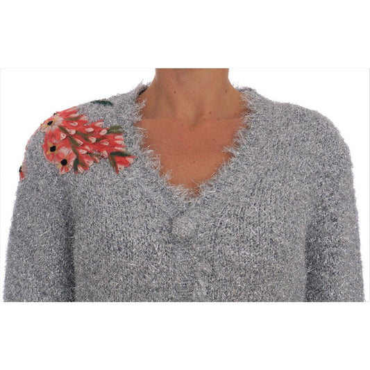 Dolce & Gabbana Silver Cardigan Floral Applique Sweater TSH1901-2