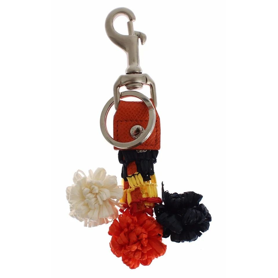 Dolce & Gabbana Silver Brown Raffia Leather Clasp Finder Chain Keyring