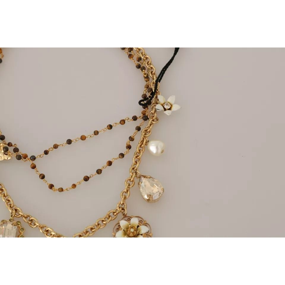 Dolce & Gabbana Gold Brass Crystal Floral Statement Charms Necklace