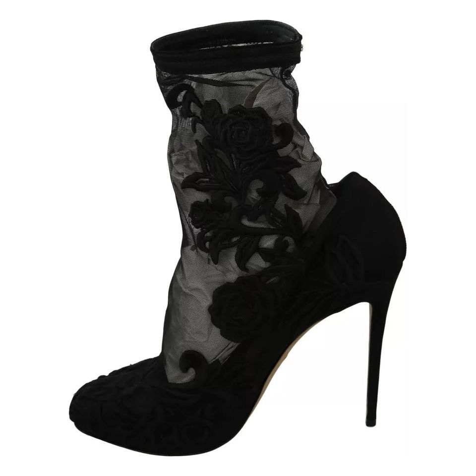 Dolce & Gabbana Black Tulle Stretch Floral Booties Shoes LA6202-40
