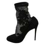 Dolce & Gabbana Black Tulle Stretch Floral Booties Shoes LA6202-40