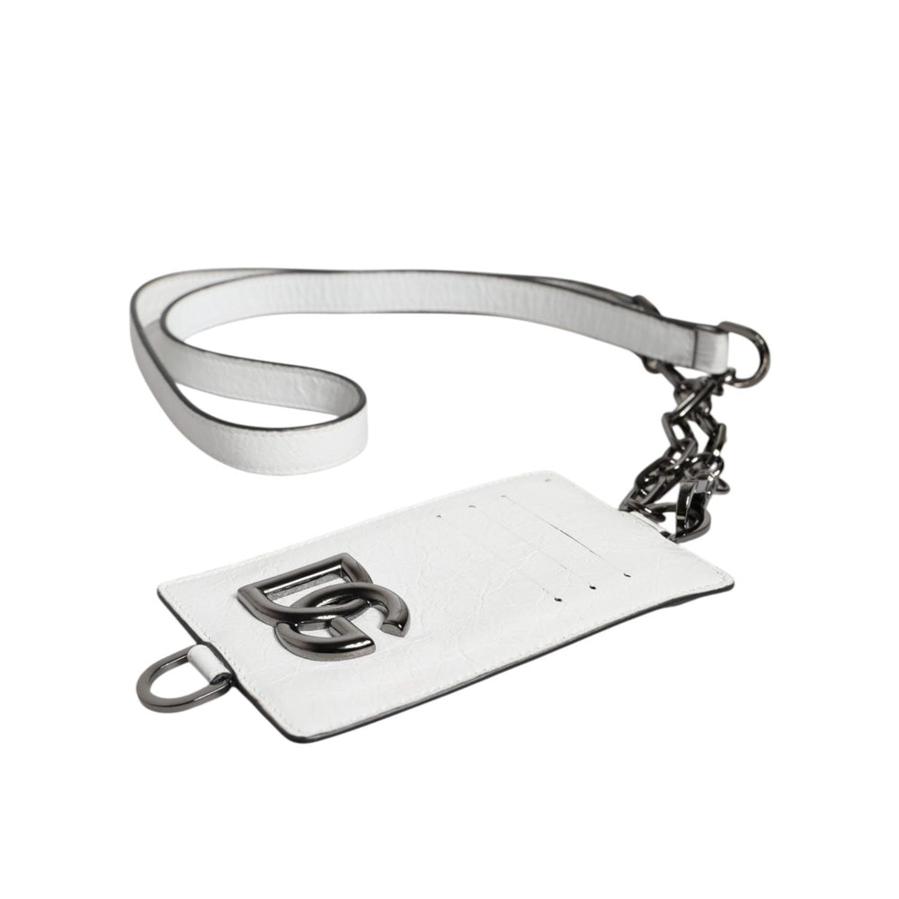Dolce & Gabbana White Calf Leather Lanyard Logo Card Holder Wallet