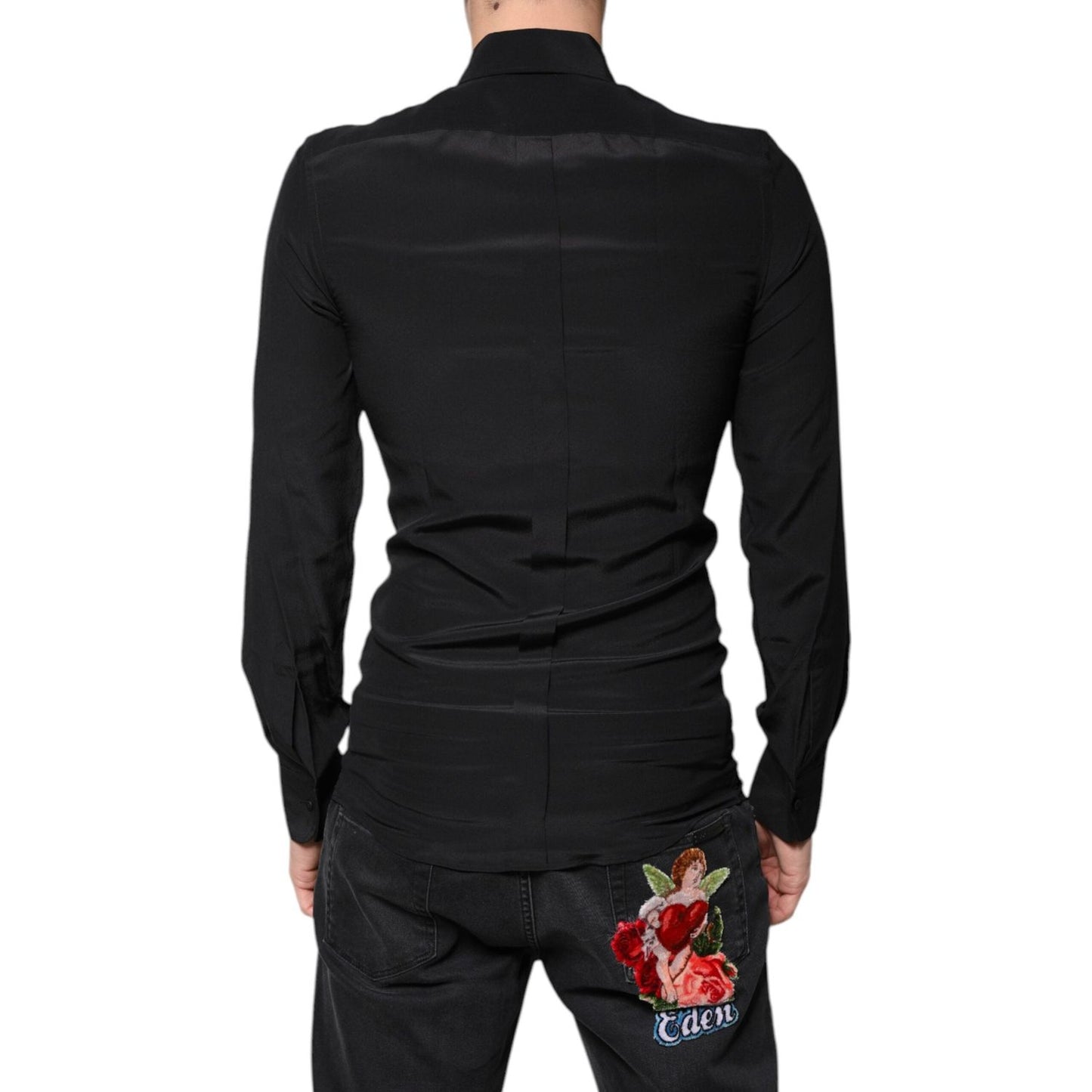Dolce & Gabbana Black Silk Long Sleeves GOLD Dress Shirt