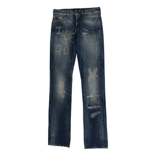 Cavalli Blue Wash Torn Cotton Straight Fit Jeans SIG18217-1