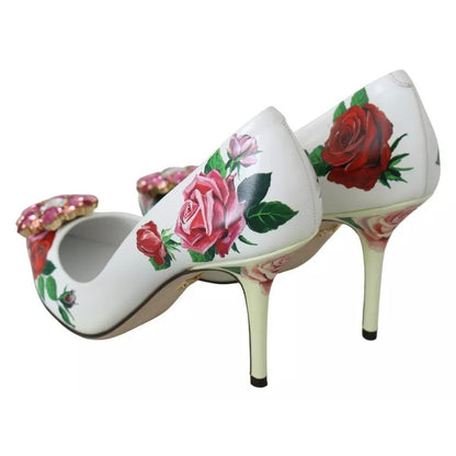 Dolce & Gabbana White Leather Roses Crystal Pumps Shoes