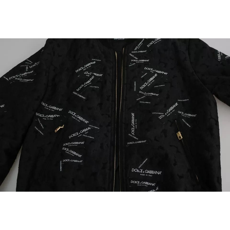 Dolce & Gabbana Black Logo Patch Brocade Bomber Full Zip Jacket