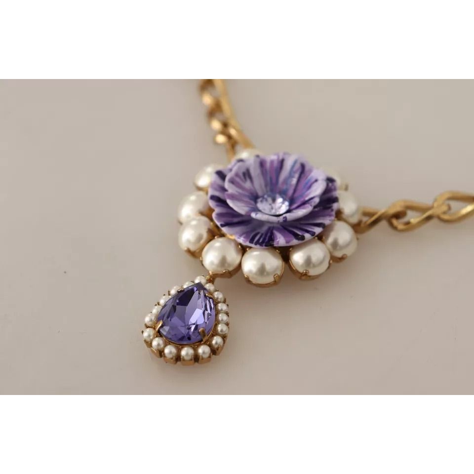 Dolce & Gabbana Gold Tone Floral Crystals Purple Embellished Necklace