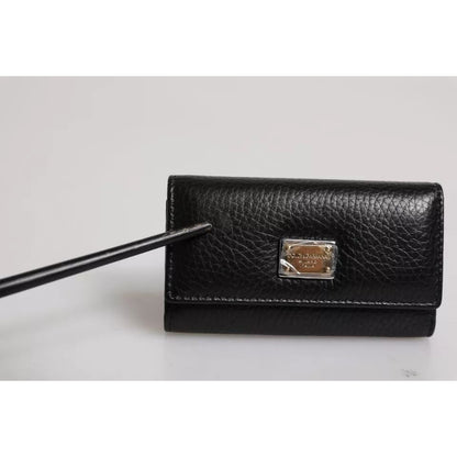 Dolce & Gabbana Black Leather Gold Metal Logo Plaque Trifold Keyring