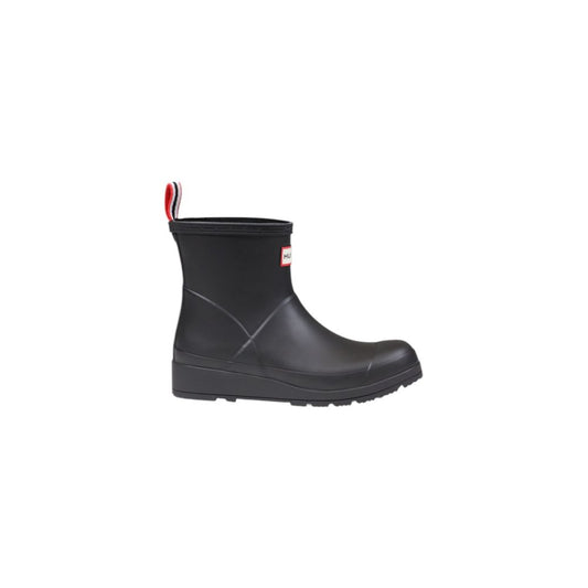 Hunter Black Recycled Polyester Ankle boot, women's short rain shoe with non-slip sole, sustainable 100% recycled material, stylish design.