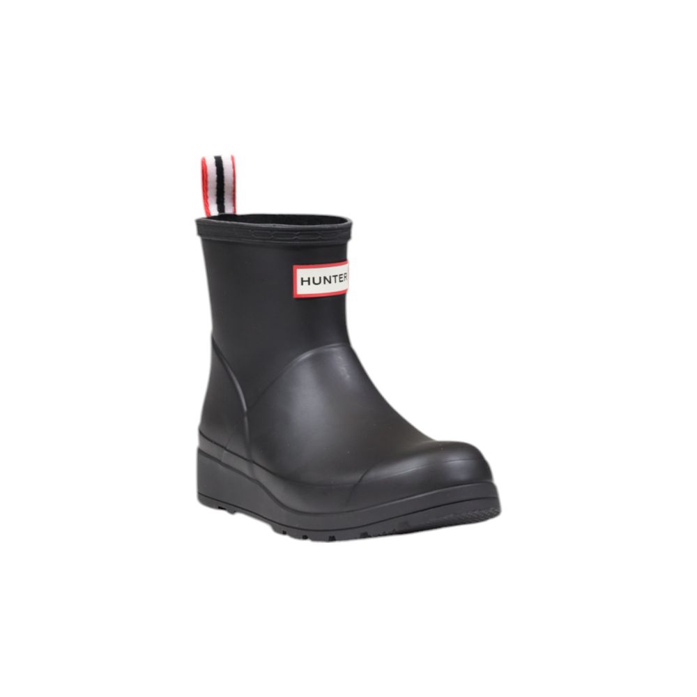 Hunter Black Recycled Polyester Ankle boot with modern design and non-slip sole, perfect for rainy days and versatile styling.