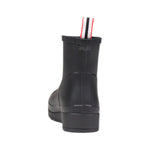 Rear view of Hunter Black Recycled Polyester Ankle boots with non-slip sole and striped pull tab, showcasing sustainable and elegant design.