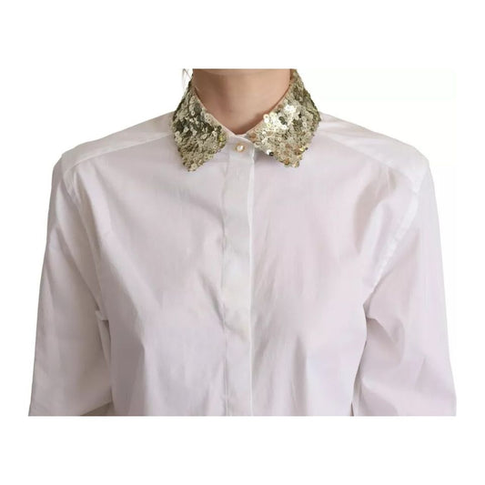 Dolce & Gabbana White Cotton Collared Long Sleeves Sequin Top Shirt
