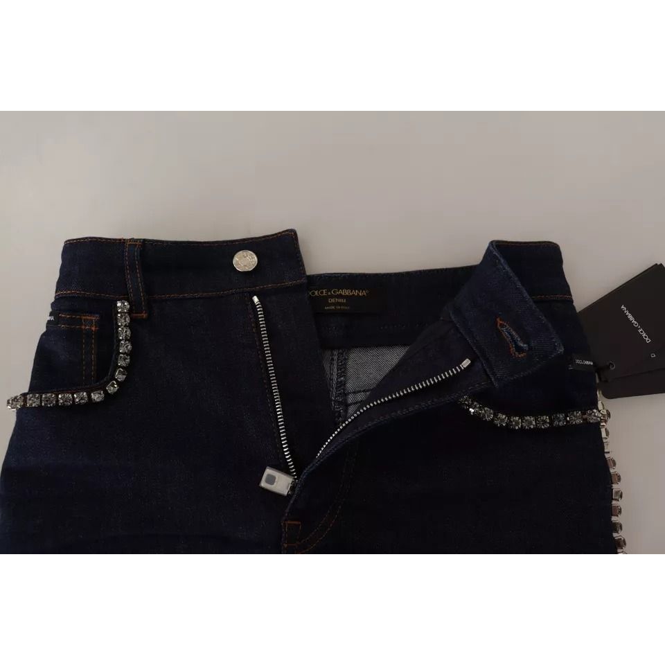 Dolce & Gabbana Dark Blue Embellished Denim Hot Pants Shorts