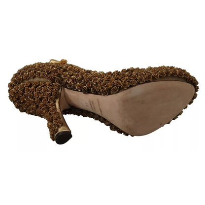 Dolce & Gabbana Gold Roses Embellished Heels Pumps Shoes