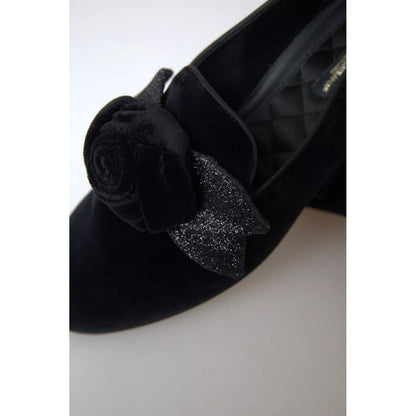 Dolce & Gabbana Black Velvet Flats Bow Young Queen Shoes